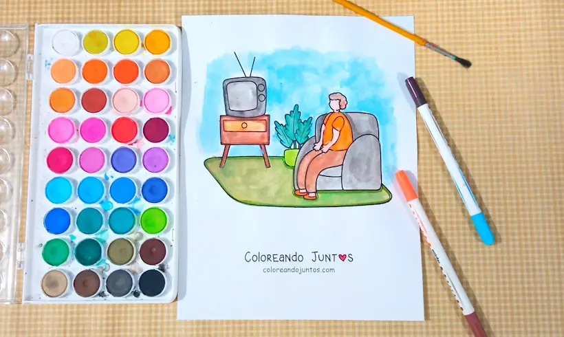 Desenho de um homem assistindo televisão colorido pelo Colorindo Juntos