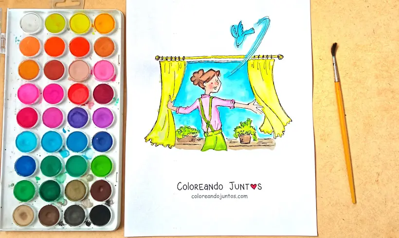 Desenho de uma menina acordando colorido por Colorindo Juntos