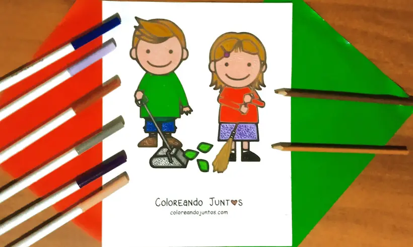 Desenho de crianças ajudando em casa colorido pela Colorindo Juntos