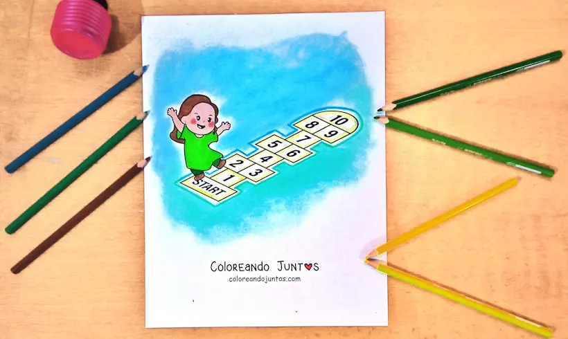 Desenho de amarelinha colorido pela Colorindo Juntos