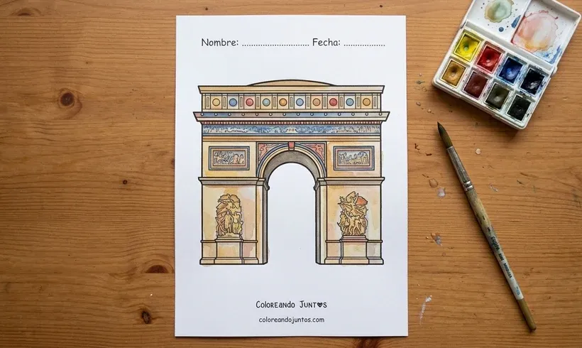 Desenho do Arco do Triunfo colorido com aquarela
