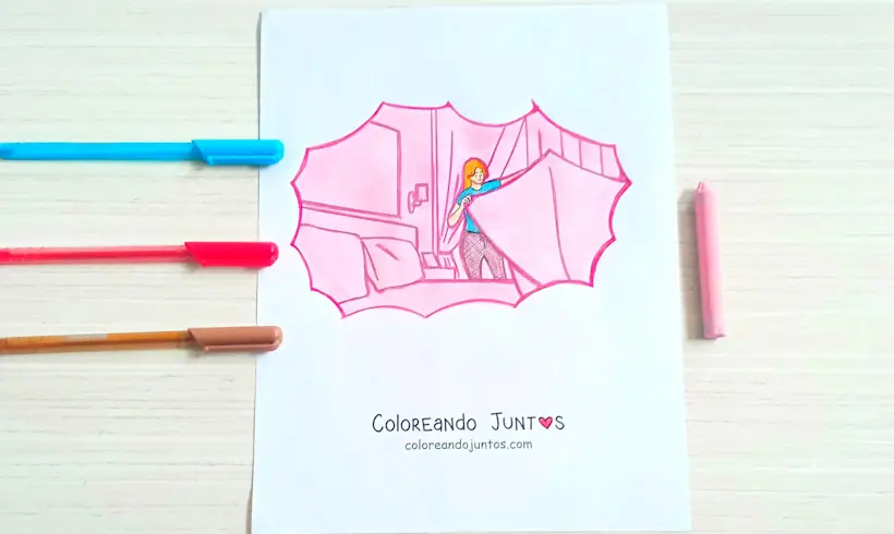 Desenho de uma menina arrumando a cama de manhã colorido pelo Colorindo Juntos