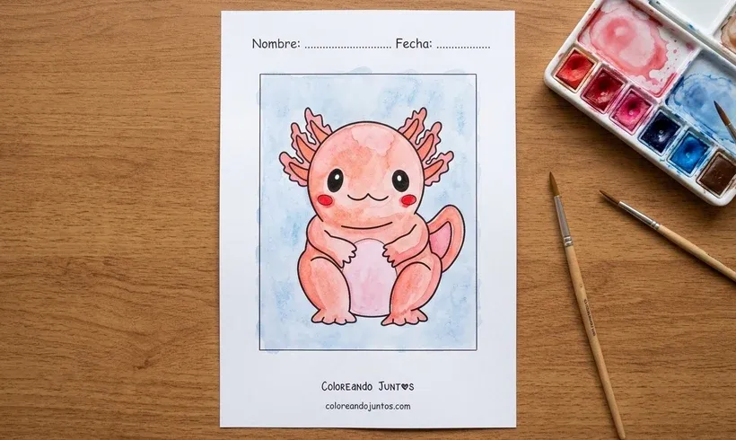 Desenho de um axolote gordinho sentado, colorido com aquarela