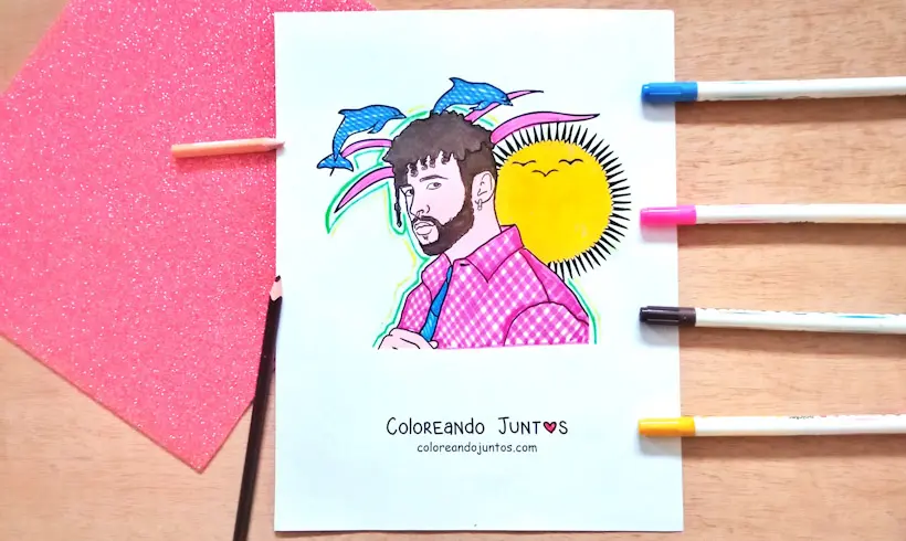 Desenho de Bad Bunny colorido pela Colorindo Juntos