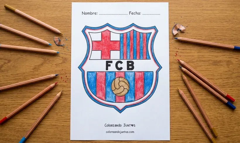 Desenho do escudo do Barcelona colorido com lápis de cor