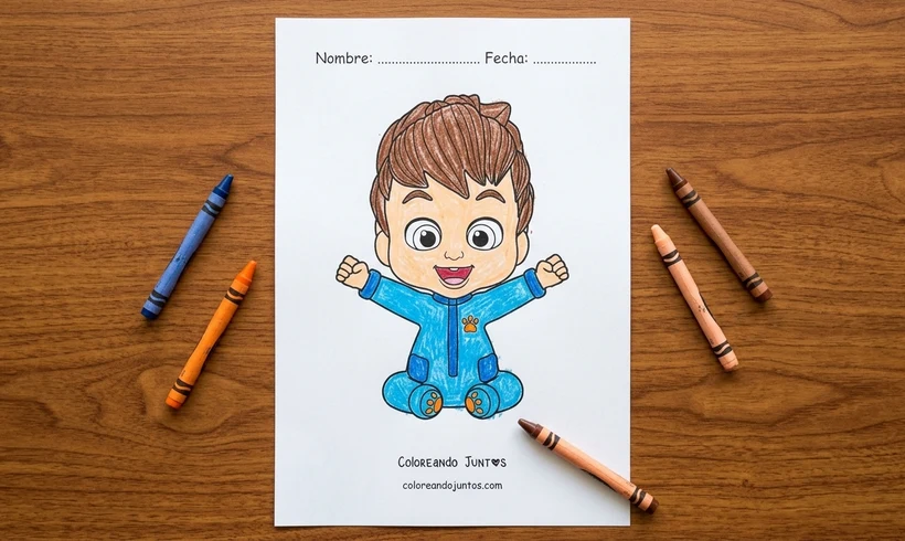 Desenho do Bebefinn sentado colorido com giz de cera
