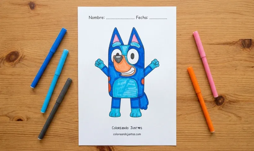 Desenho da Bluey acenando, colorido com canetinhas