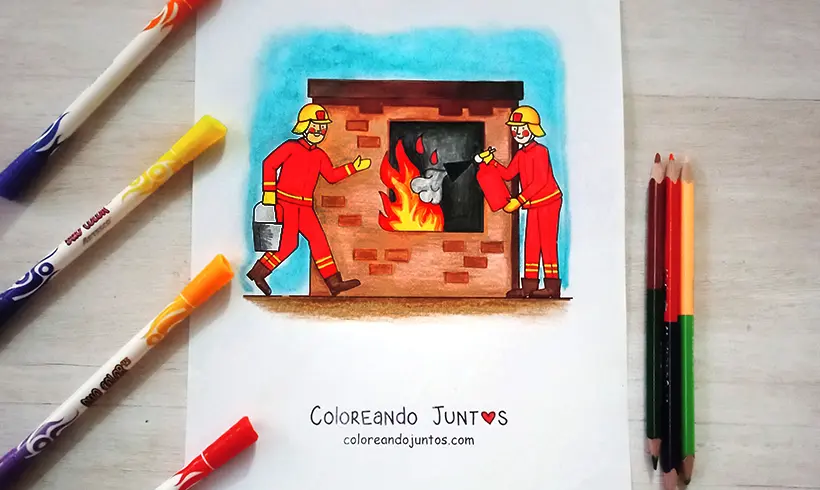 Desenho de bombeiros coloridos pela Colorindo Juntos