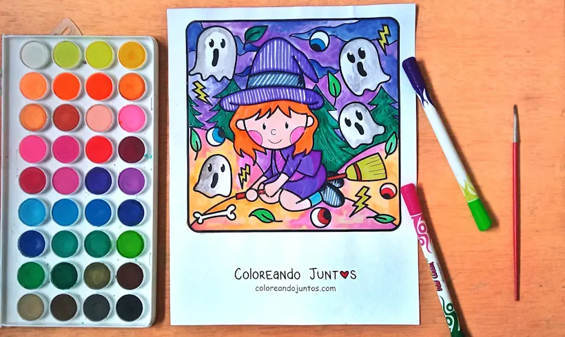 Desenho de bruxa colorida por Colorindo Juntos