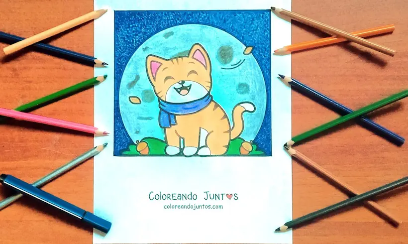 Desenho de um gato com um cachecol colorido pela Colorindo Juntos