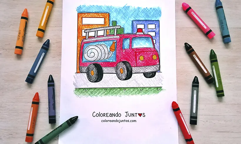 Desenho de caminhão de bombeiros colorido por Colorindo Juntos