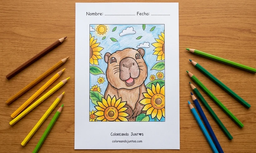 Desenho de uma capivara entre girassóis colorido com lápis de cor