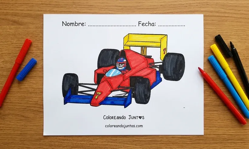 Desenho de um carro de Fórmula 1 com o piloto colorido com canetinhas