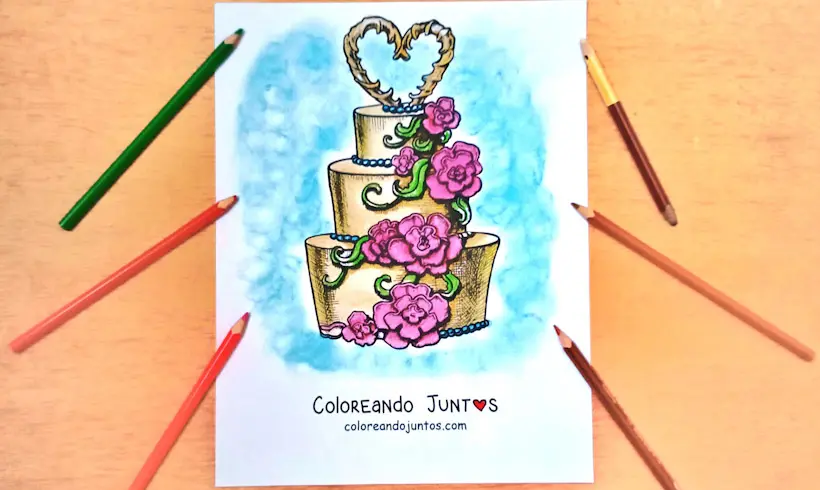 Desenho de bolo de casamento colorido por Colorindo Juntos