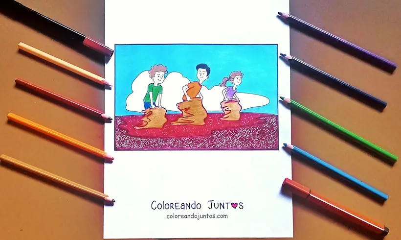 Desenho de uma corrida de sacos colorida por Colorindo Juntos