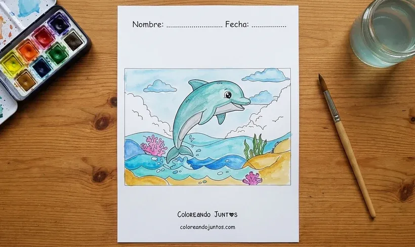 Desenho de um golfinho saltando sobre o mar colorido com aquarela