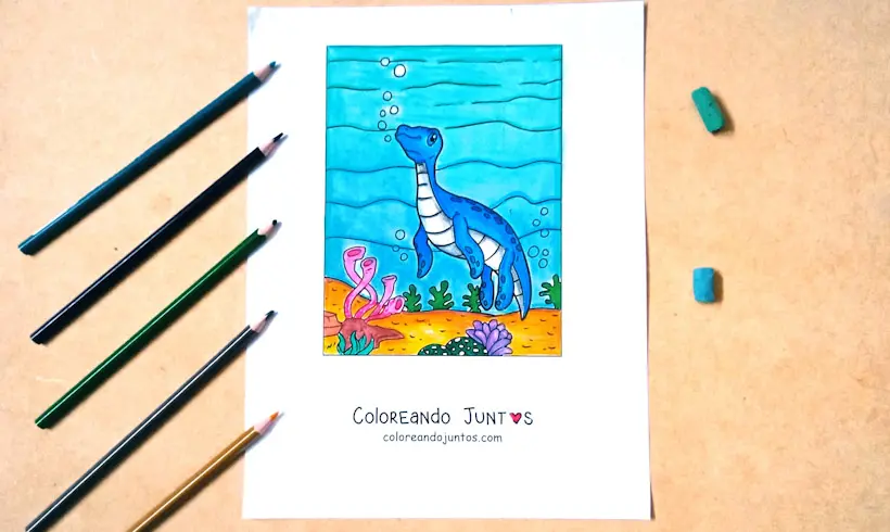 Desenho de dinossauro aquático colorido por Colorindo Juntos
