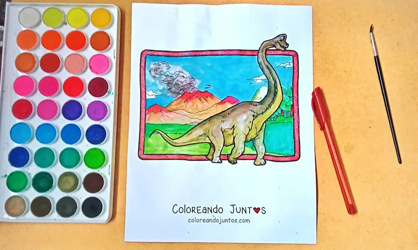 Desenho de dinossauro de pescoço comprido colorido pelo Colorindo Juntos