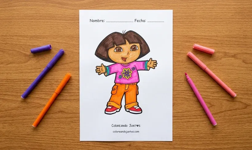 Desenho da Dora Aventureira acenando com os braços abertos colorido com canetinhas