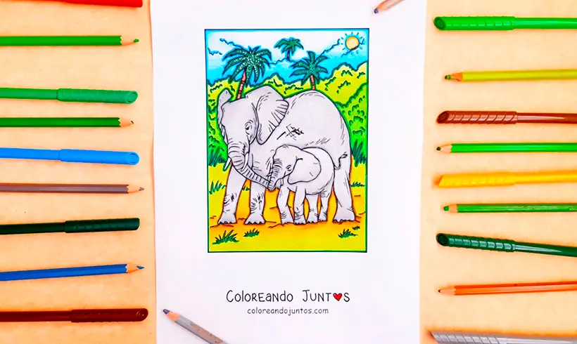 Desenho de elefantes coloridos por Colorindo Juntos