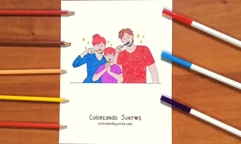 Desenho de uma família escovando os dentes colorido por Colorindo Juntos