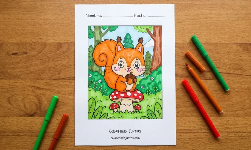 Desenho de um esquilo sentado num cogumelo comendo uma bolota, colorido com canetinhas