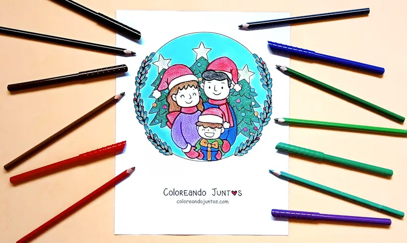 Desenho de família no Natal colorido por Colorindo Juntos