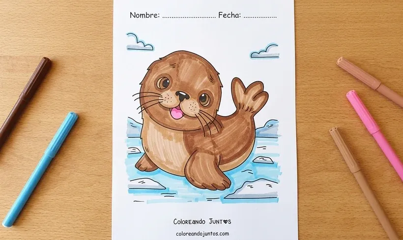 Desenho de um filhote de foca-da-gronelândia colorido com canetinhas