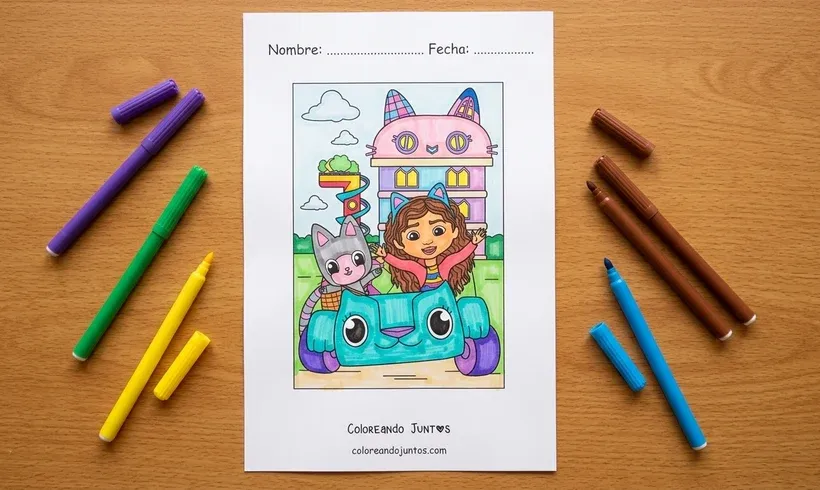 Desenho da Gabby e do Pandy Paws passeando no carrinho Carlita em frente à casa de bonecas, colorido com canetinhas