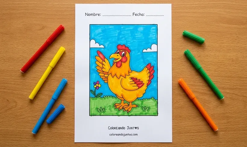 Desenho de uma galinha de desenho animado acenando com a asa e com um sorrisao, colorida com canetinhas