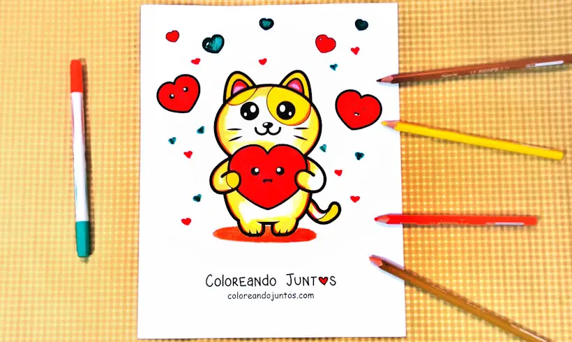 Desenho de um gato apaixonado colorido por Colorindo Juntos