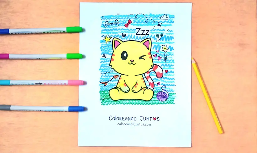Desenho de gato kawaii colorido por Colorindo Juntos