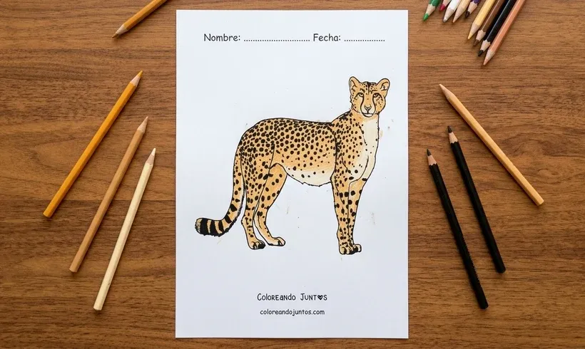 Desenho de um guepardo em pé colorido com lápis de cor