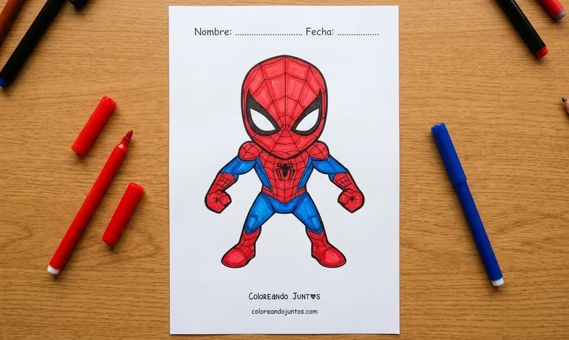 Desenho do Homem-Aranha em pé colorido com canetinhas