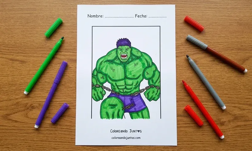 Desenho do Hulk quebrando correntes colorido com canetinhas