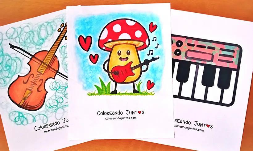 Desenhos de instrumentos musicais coloridos pelo Colorindo Juntos