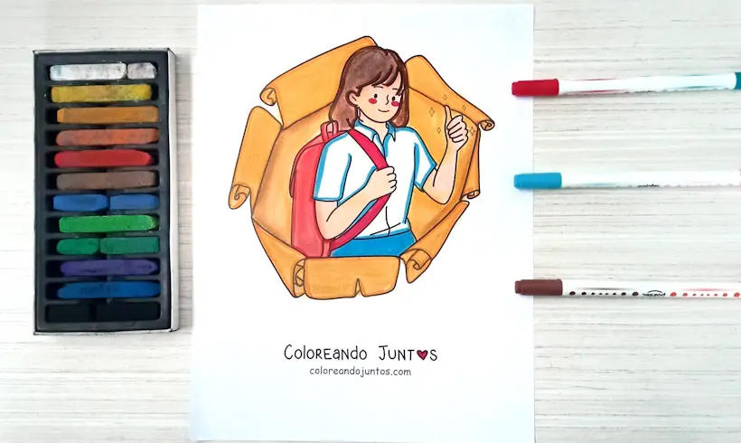 Desenho de uma menina pronta para a escola colorido por Colorindo Juntos