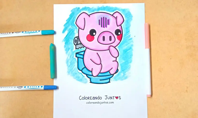 Desenho de um porquinho animado no banheiro colorido pelo Colorindo Juntos