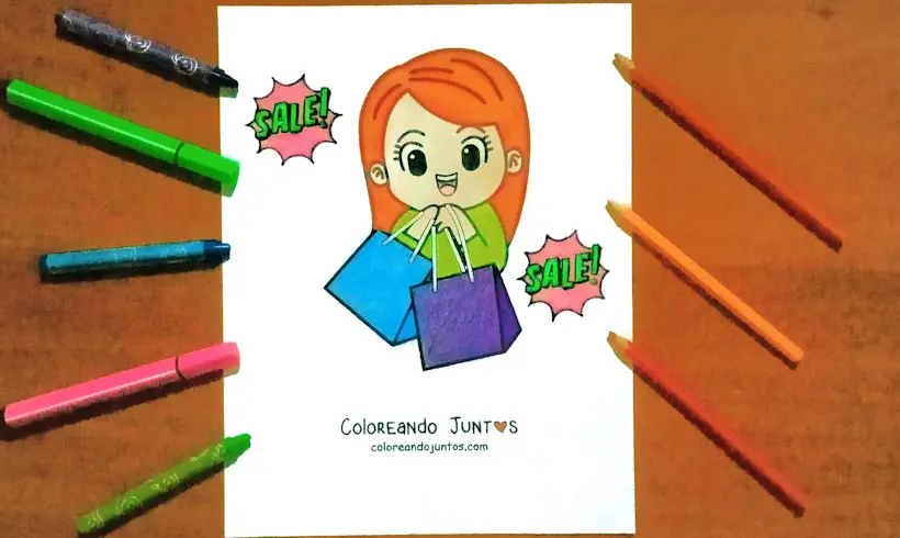 Desenho de uma menina fazendo compras colorido pela Colorindo Juntos
