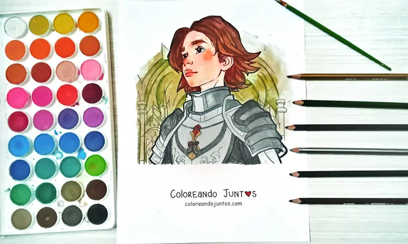 Desenho de Joana d'Arc colorido pela Colorindo Juntos