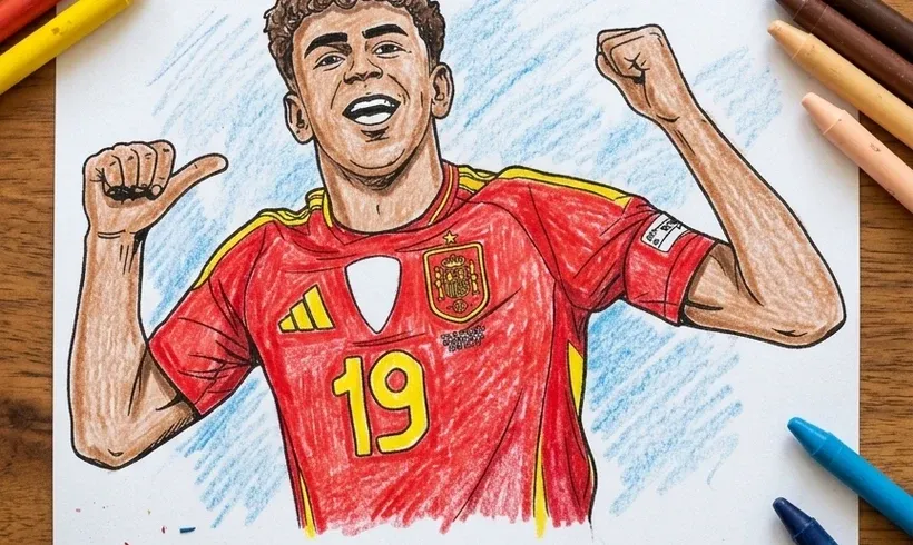 Desenho do Lamine Yamal comemorando um gol com a camisa da Espanha colorido com giz de cera