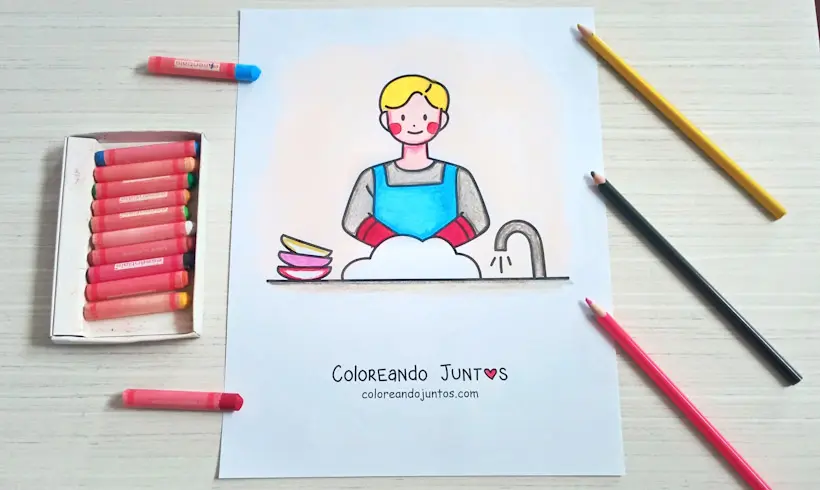 Desenho de uma mulher lavando a louça colorido por Colorindo Juntos
