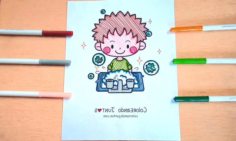 Desenho de um menino lavando as maos colorido pela Colorindo Juntos
