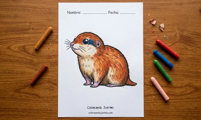Desenho de um lemingue sentado colorido com giz de cera