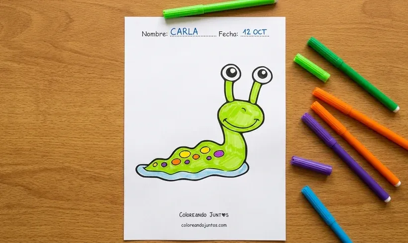 Desenho de uma lesma de desenho animado colorida com canetinhas