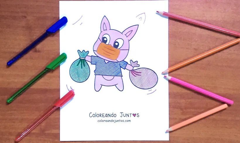 Desenho de um porquinho animado tirando o lixo colorido por Colorindo Juntos