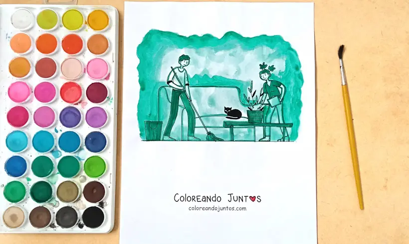 Desenho de um casal limpando o chão colorido por Colorindo Juntos