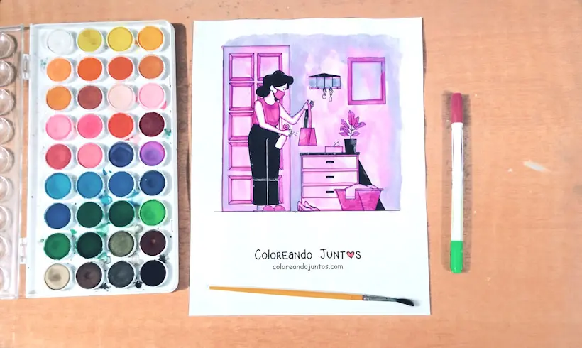 Desenho de uma mulher limpando sua casa colorido pelo Colorindo Juntos