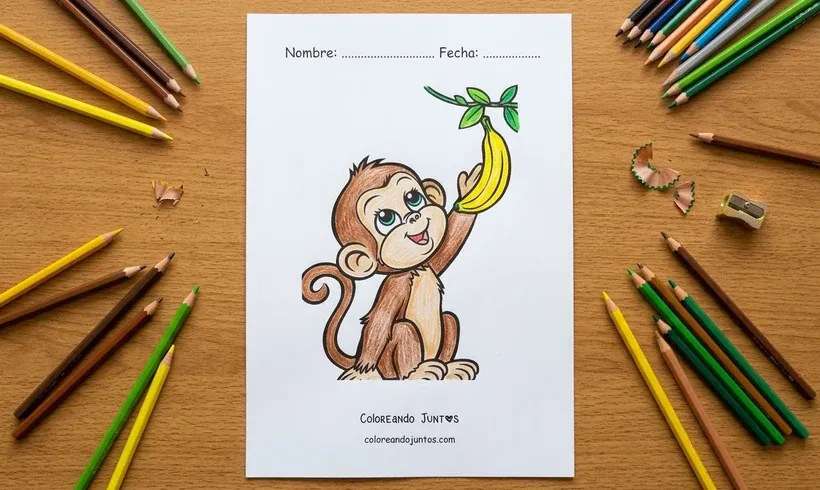 Desenho de um macaco sentado com uma banana colorido com lápis de cor