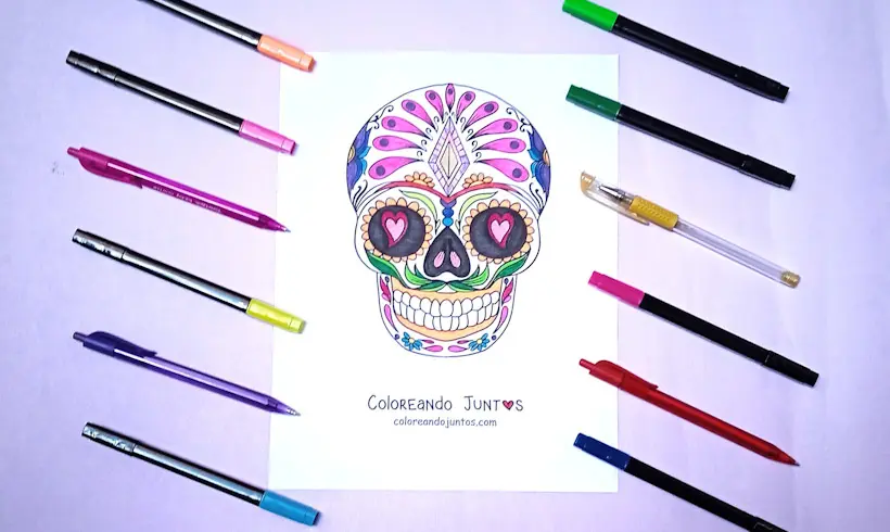 Desenho de mandala de caveira colorido pelo Colorindo Juntos